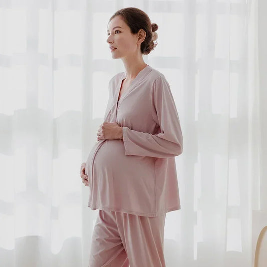 Cotton Snap-Up Maternity & Nursing Pajama Set- Pink - Bodyfeu