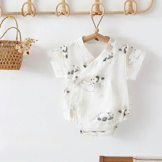 Cotton & Bamboo Muslin Short Sleeve Bodysuit - Green Leaves - Bodyfeu