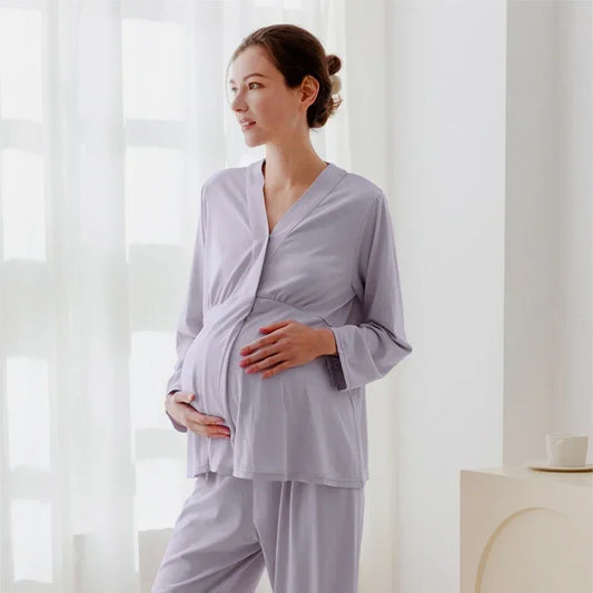 Cotton Snap-Up Maternity & Nursing Pajama Set- Pink - Bodyfeu