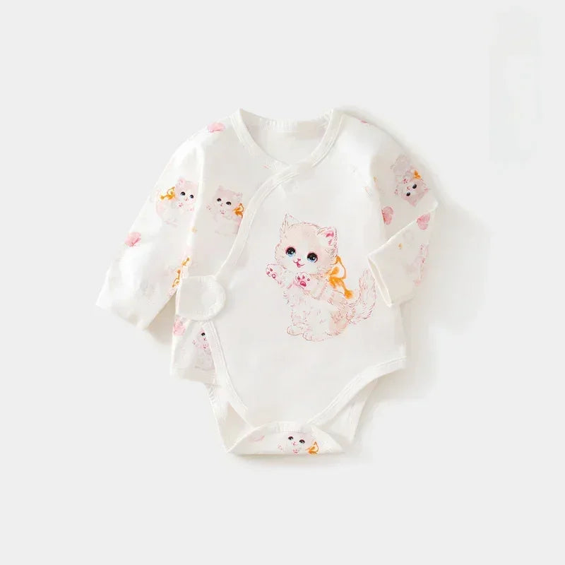 100% Cotton Long Sleeve Bodysuit with Velcro Closure- Adorable Cat - Bodyfeu