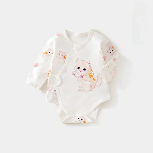 100% Cotton Long Sleeve Bodysuit with Velcro Closure- Adorable Cat - Bodyfeu