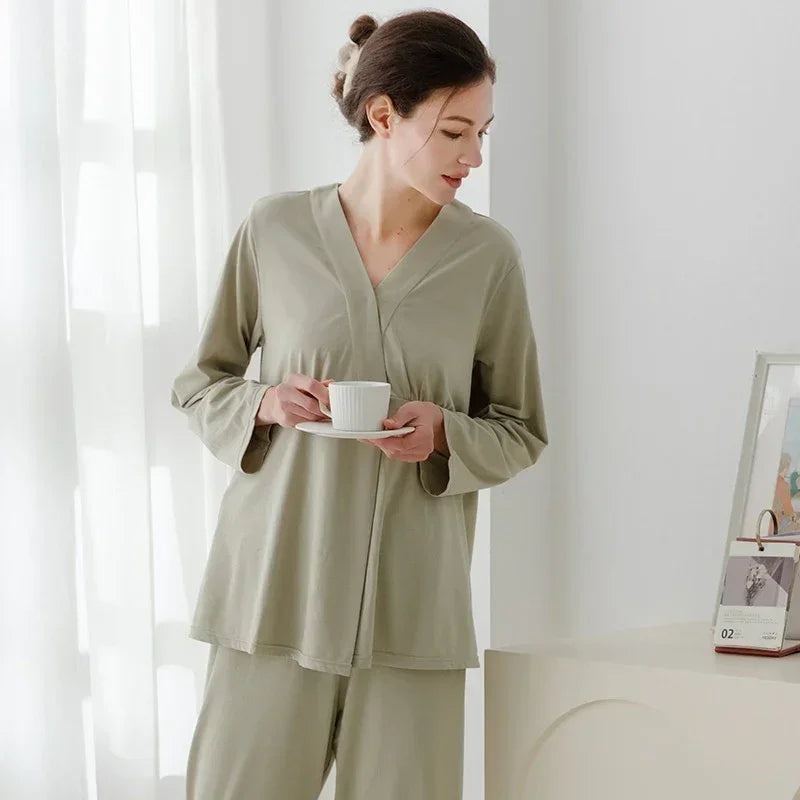 Cotton Snap-Up Maternity & Nursing Pajama Set- Pink - Bodyfeu