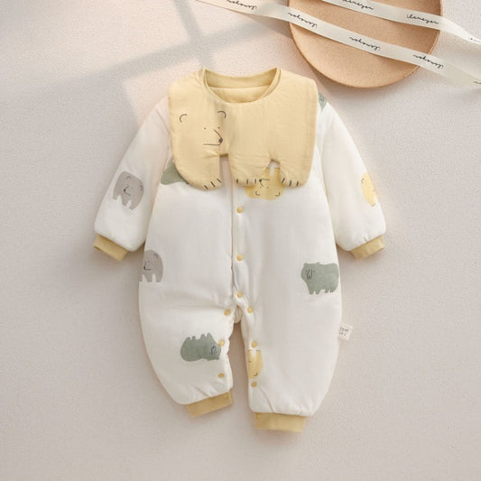 100% Cotton Extra Warm Long Sleeve Quilted Romper with Bib- Yellow Bear