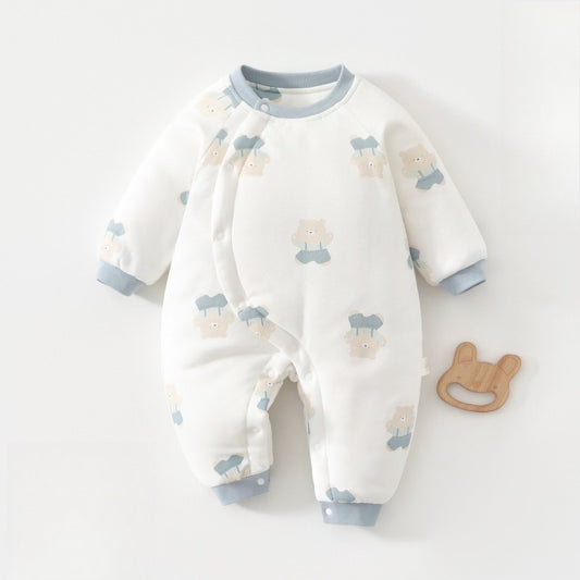 100% Cotton Long Sleeve Snap-Up Quilted Romper - Blue Bear