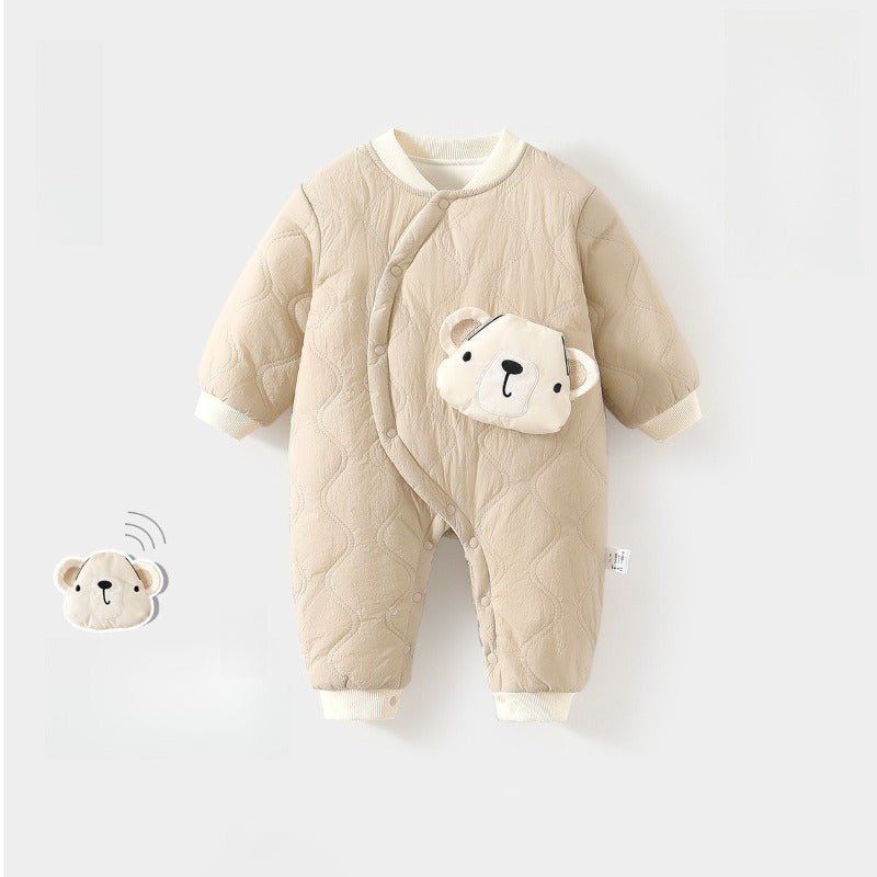 Cotton Long Sleeve Snap-Up Quilted Romper - Brown Frog