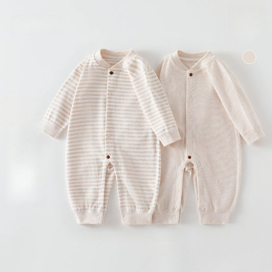 [2-Pieces Set] 100% Cotton Long Sleeve Snapup Romper - Beige & Beige Stripe
