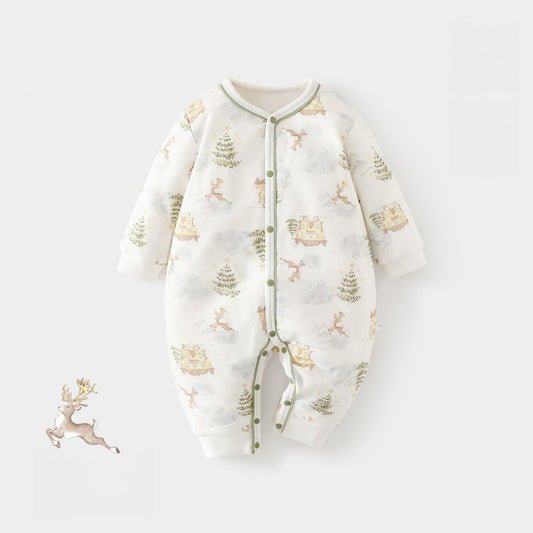 100% Cotton Quilted Long Sleeve Snap-Up Romper - Pine Tree