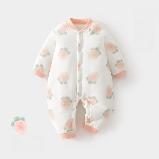 100% Cotton Quilted Long Sleeve Snap-Up Romper - Strawberry