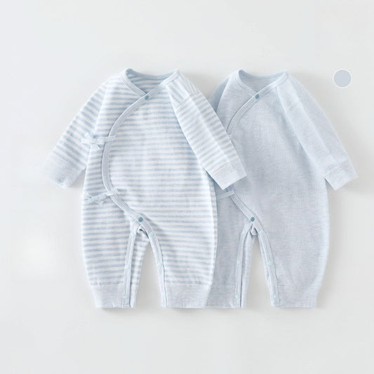 [2-Pieces Set] 100% Cotton Long-Sleeve Kimono Romper - Blue & Blue Stripe