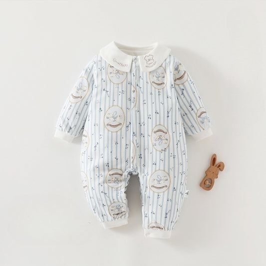 100% Cotton Quilted Long Sleeve Snap-Up Romper - Blue Rocking Horse