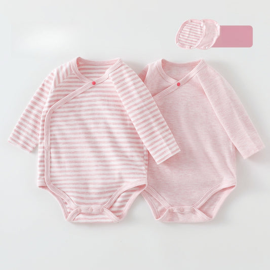 [2-Pieces Set] 100% Cotton Long Sleeve Side-Snap Bodysuit - Pink & Pink Stripe