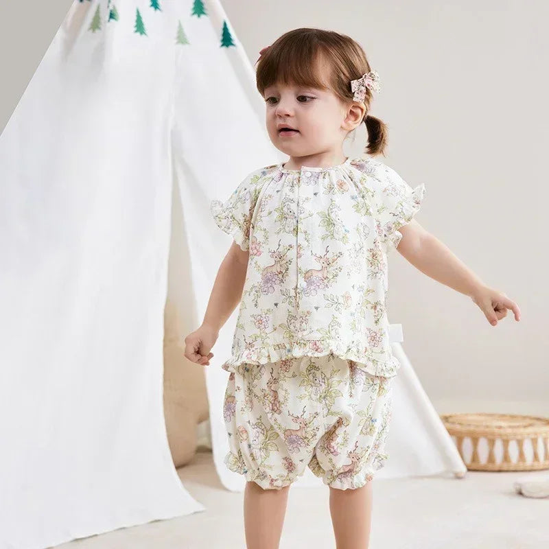 Cotton Short-Sleeve Top & Pants Set - Spring Branches - Bodyfeu