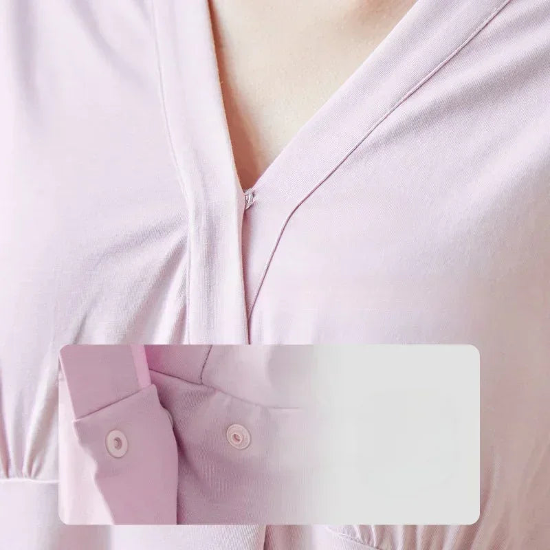 Cotton Snap-Up Maternity & Nursing Nightgown - Pink - Bodyfeu