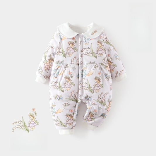 100% Cotton Long Sleeve Snap-Up Quilted Romper - Bunny & Flowers