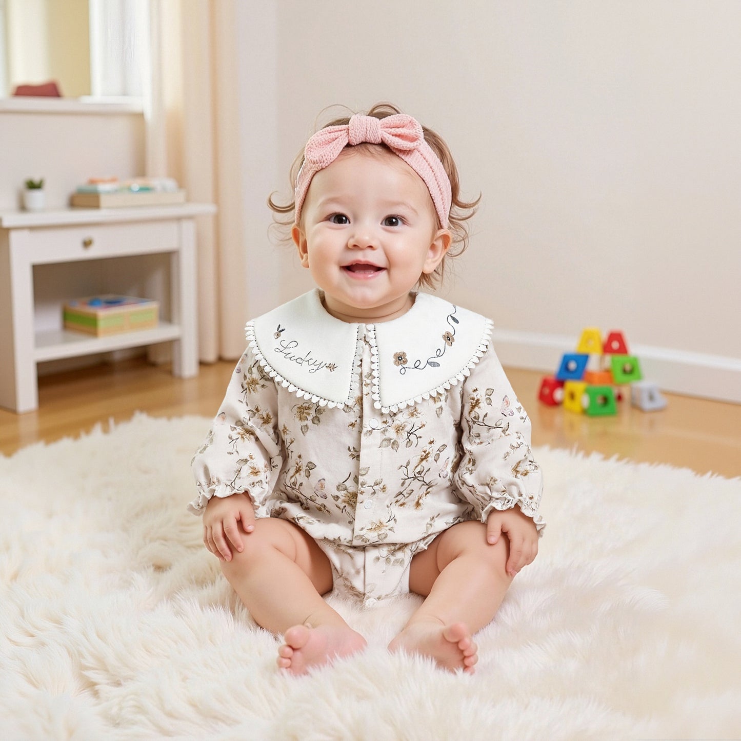 100% Cotton Long Sleeve Pullover Bodysuit - Brown Bowknot