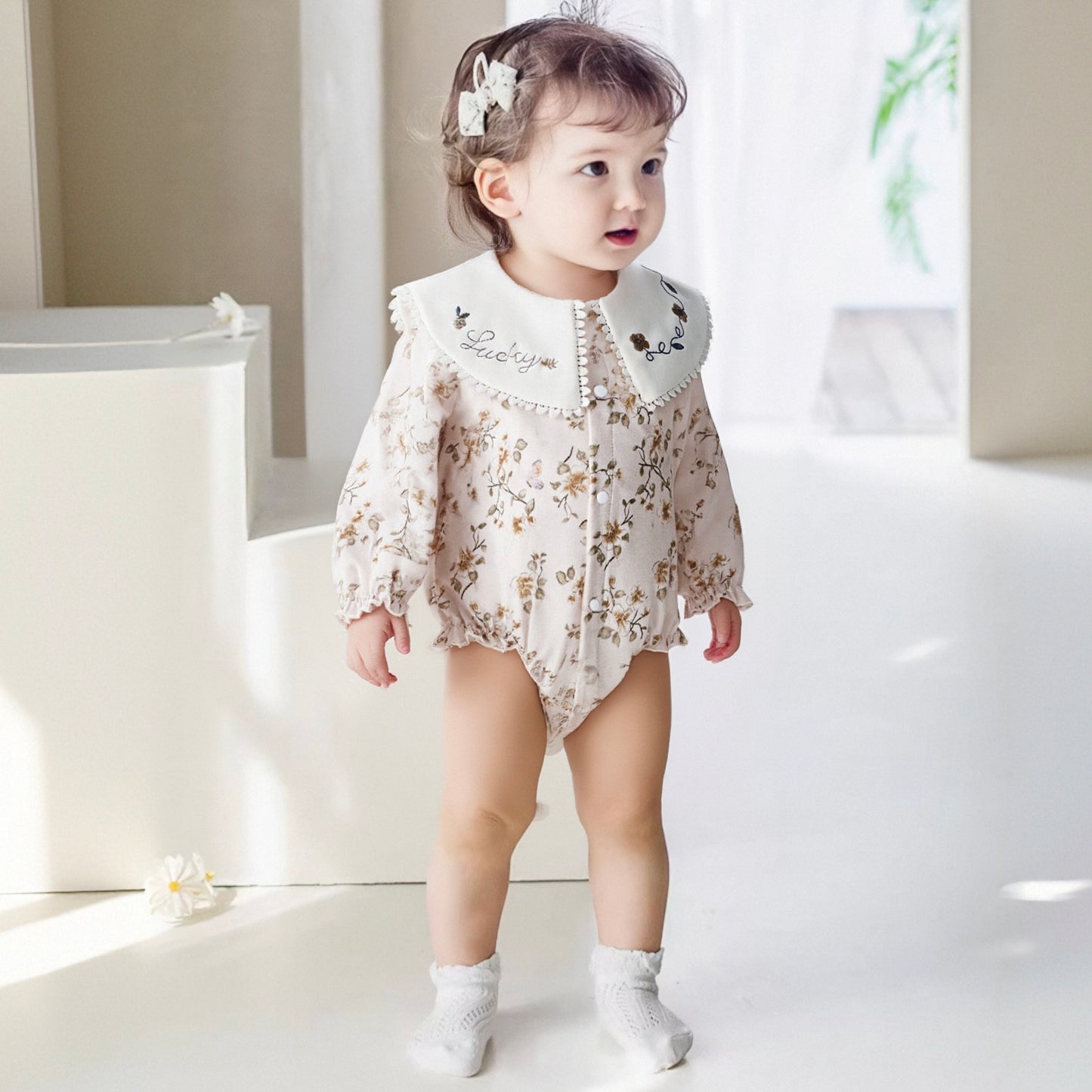 100% Cotton Long Sleeve Pullover Bodysuit - Brown Bowknot