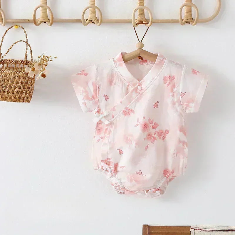 Cotton & Bamboo Muslin Short Sleeve Bodysuit - Green Leaves - Bodyfeu