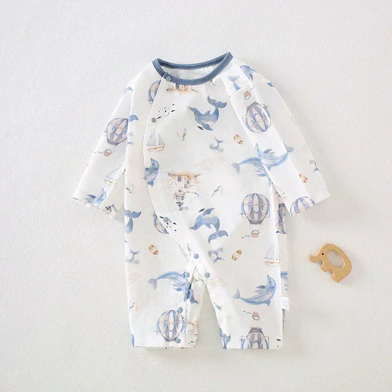 Cotton & Bamboo Muslin Long Sleeve Romper - Cute Whale - Bodyfeu