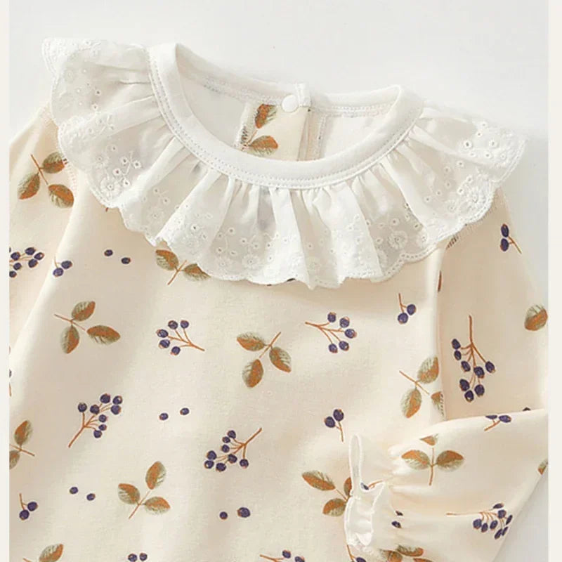 100% Cotton Long Sleeve Snap-Up Romper - Fruits & Leaves - Bodyfeu