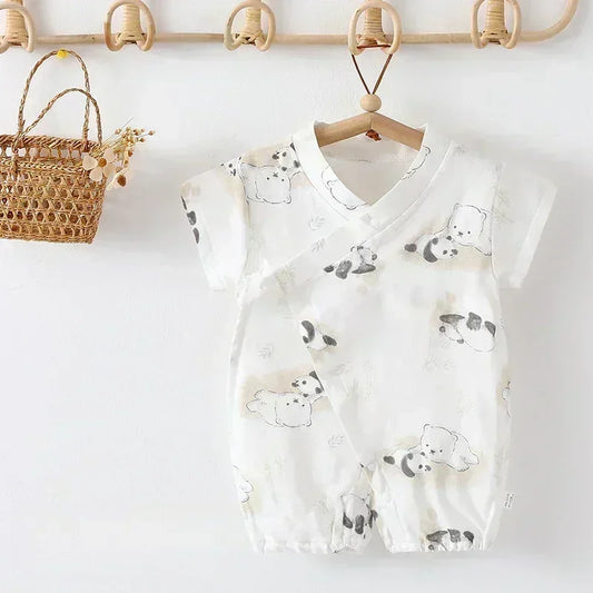 Cotton & Bamboo Muslin Short Sleeve Romper - Water Lily - Bodyfeu