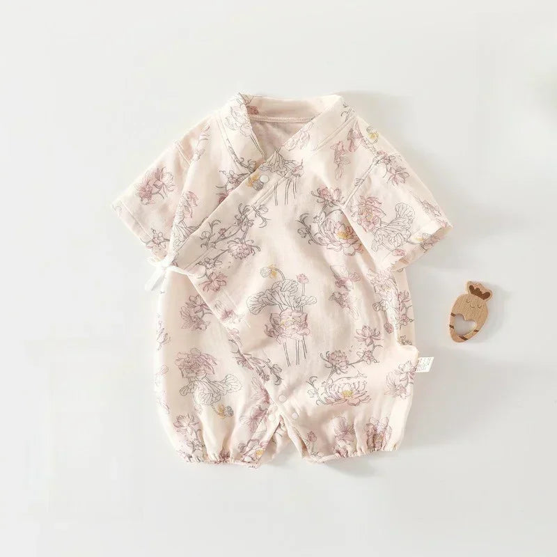Cotton & Bamboo Muslin Short Sleeve Kimono Romper - Flamingos & Giraffes - Bodyfeu