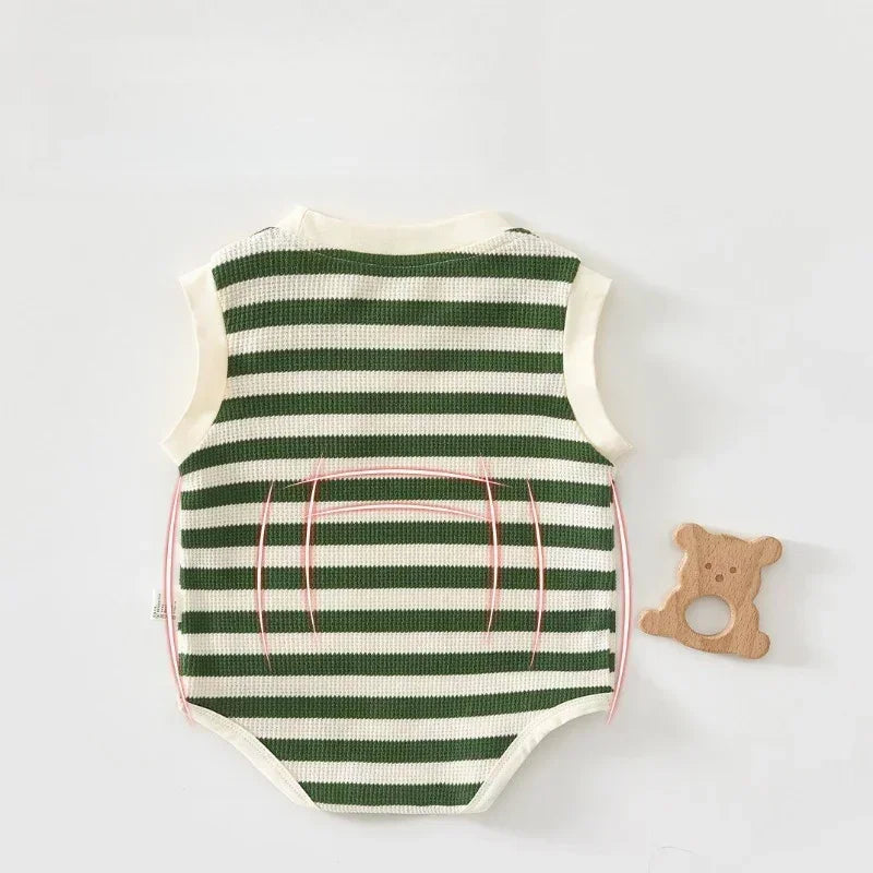 Cotton Sleeveless Overhead Bodysuit - Red Stripe & Bear - Bodyfeu