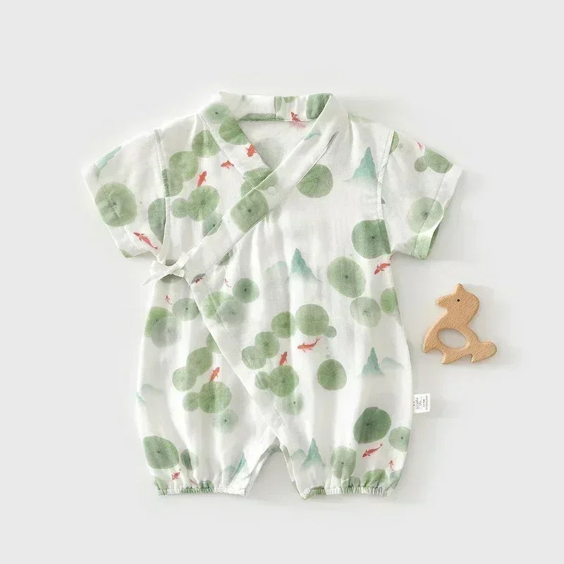 Cotton & Bamboo Muslin Short Sleeve Kimono Romper - Lemon - Bodyfeu