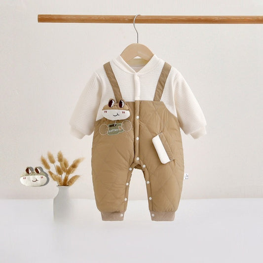 Cotton Long Sleeve Snap-Up Quilted Romper - Brown Frog