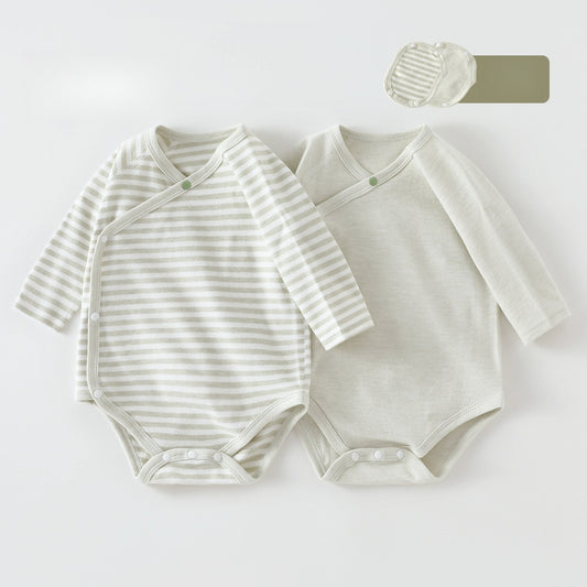 [2-Pieces Set] 100% Cotton Long Sleeve Side-Snap Bodysuit - Green & Green Stripe