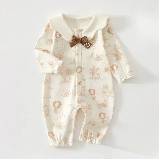 100% Cotton Long Sleeve Snap-Up Romper - Bowknot with Flowers - Bodyfeu