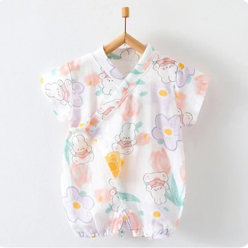 Cotton & Bamboo Muslin Short Sleeve Romper - Water Lily - Bodyfeu