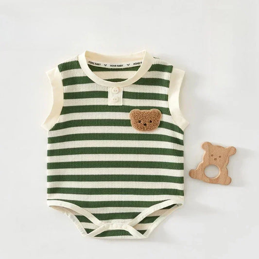 Cotton Sleeveless Overhead Bodysuit - Red Stripe & Bear - Bodyfeu