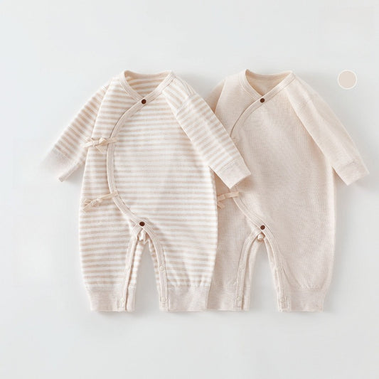 [2-Pieces Set] 100% Cotton Long-Sleeve Kimono Romper - Beige & Beige Stripe