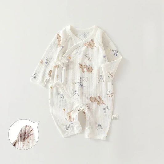 100% Cotton Long Sleeve Kimono Romper - Bunny & Blue Flowers
