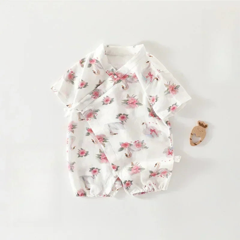 Cotton & Bamboo Muslin Short Sleeve Kimono Romper - Flamingos & Giraffes - Bodyfeu