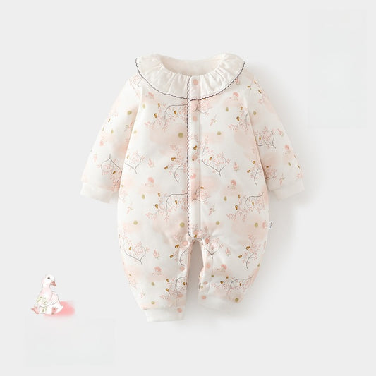 100% Cotton Long Sleeve Snap-Up Quilted Romper - Pink Bunny Garden
