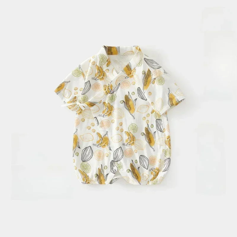 Cotton & Bamboo Muslin Short Sleeve Kimono Romper - Banana - Bodyfeu