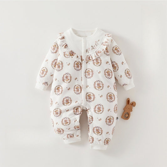 100% Cotton Quilted Long Sleeve Snap-Up Romper - Bunny with Flowers