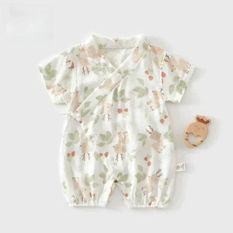 Cotton & Bamboo Muslin Short Sleeve Kimono Romper - Lemon - Bodyfeu