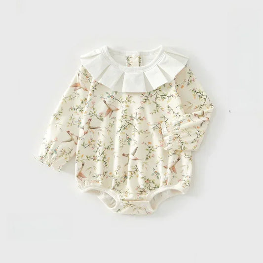 100% Cotton Long Sleeve Pullover Bodysuit - Yellow Spring Leaves