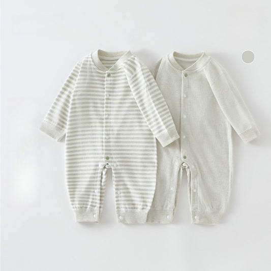 [2-Pieces Set] 100% Cotton Long Sleeve Snapup Romper - Green & Green Stripe