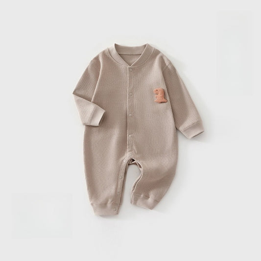100% Cotton Long Sleeve Snapup Romper - Brown Snapup