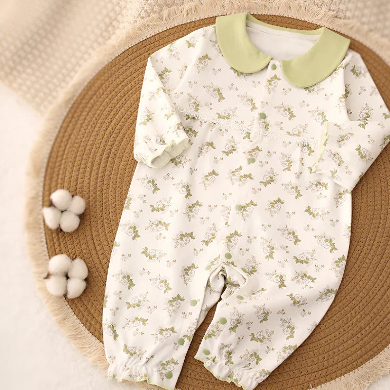 100% Cotton Long Sleeve Floral Romper - Green Garden - Bodyfeu