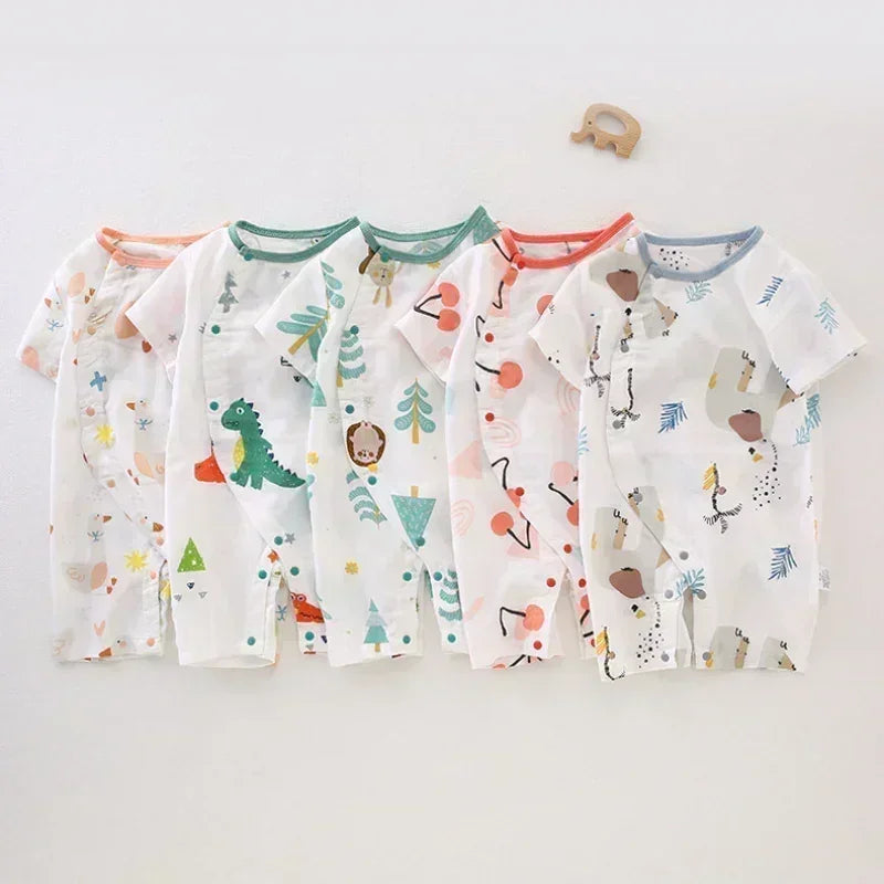 Cotton & Bamboo Muslin Short Sleeve Romper - Blue Dinosuar - Bodyfeu