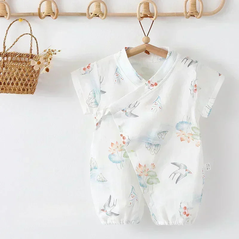 Cotton & Bamboo Muslin Short Sleeve Romper - Water Lily - Bodyfeu