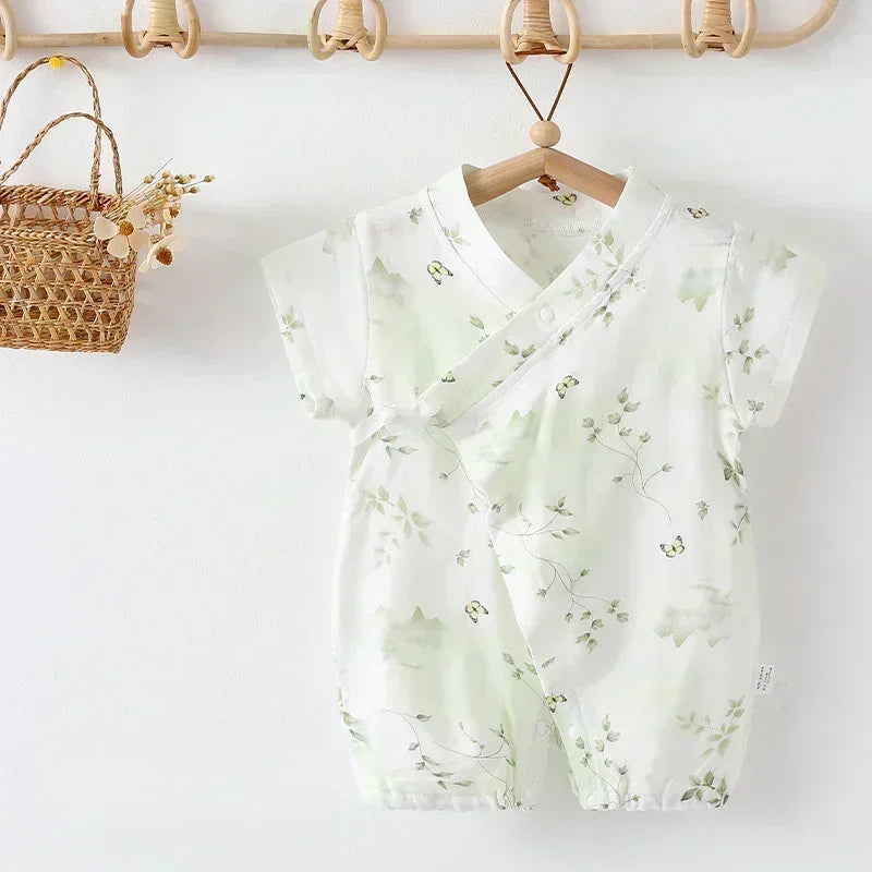 Cotton & Bamboo Muslin Short Sleeve Romper - Water Lily - Bodyfeu