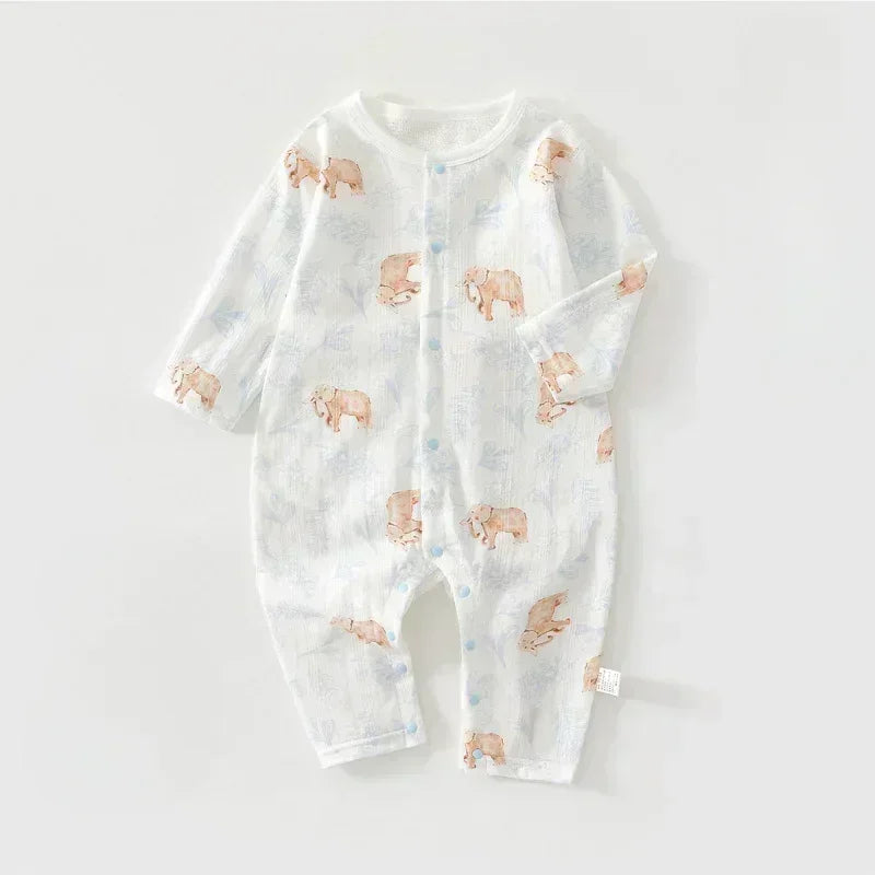 100% Cotton Long Sleeve Snap-Up Romper - Elephant & Flowers - Bodyfeu