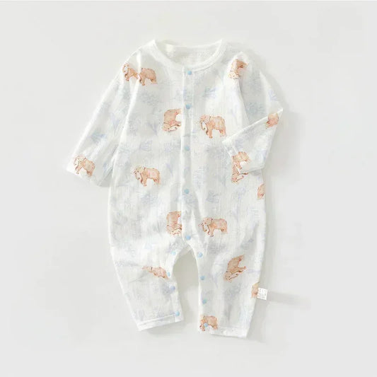 100% Cotton Long Sleeve Snap-Up Romper - Elephant & Flowers - Bodyfeu