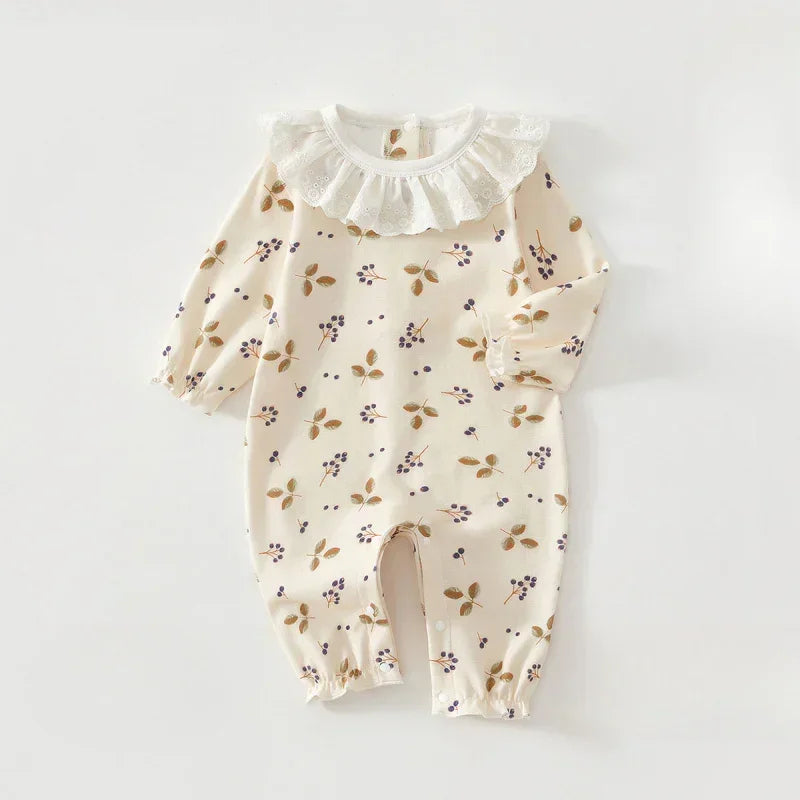 100% Cotton Long Sleeve Snap-Up Romper - Fruits & Leaves - Bodyfeu