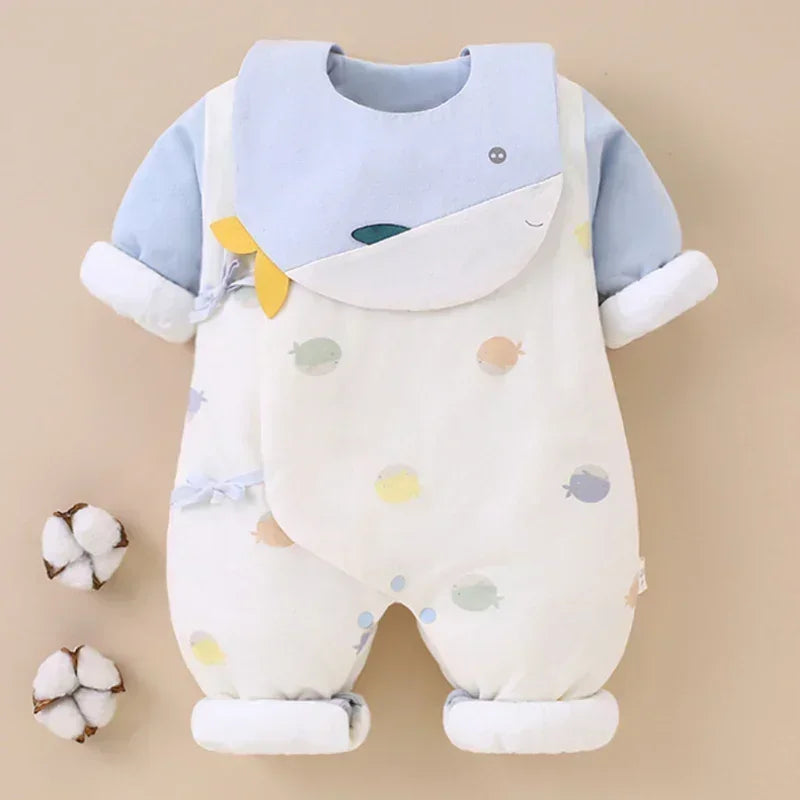 100% Cotton Extra Warm Long Sleeve Quilted Romper with Bib- Pink Whale - Bodyfeu